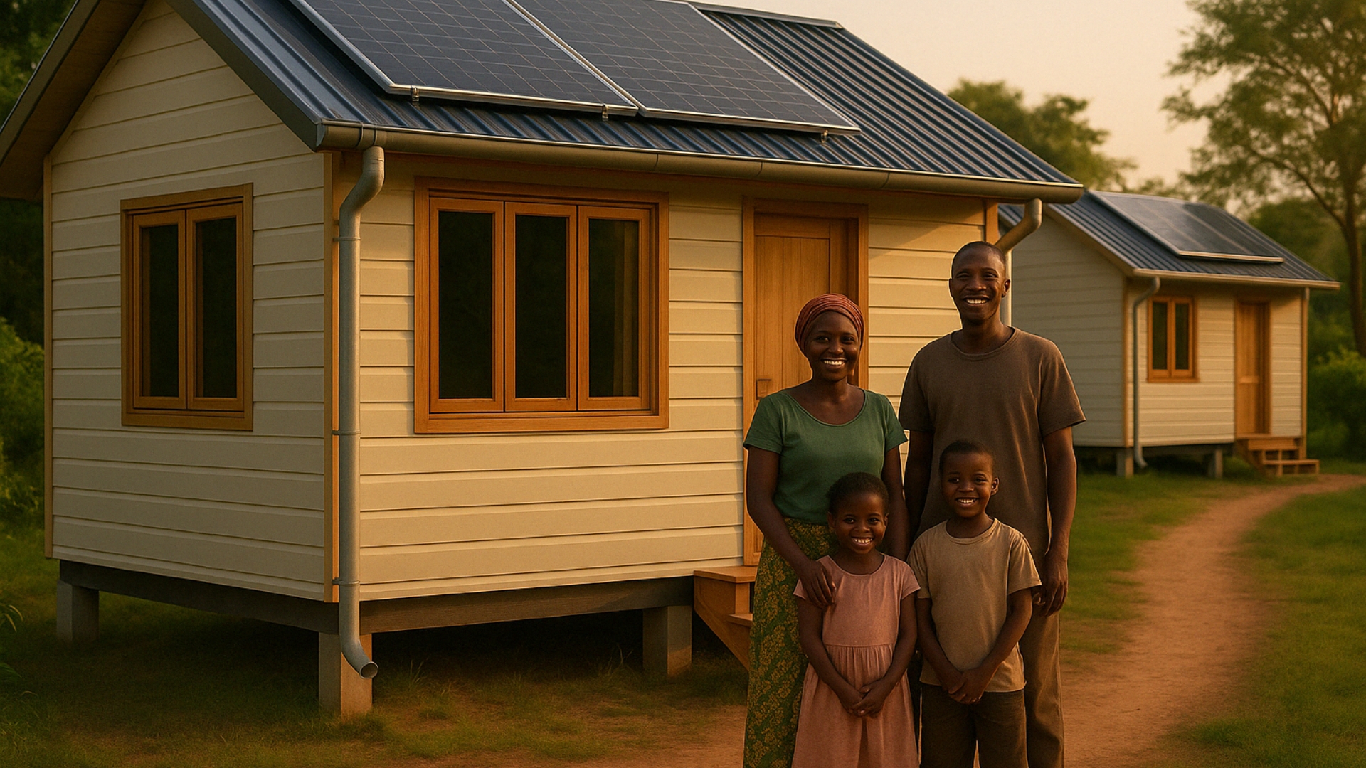Familia agradecida frente a su nueva vivienda