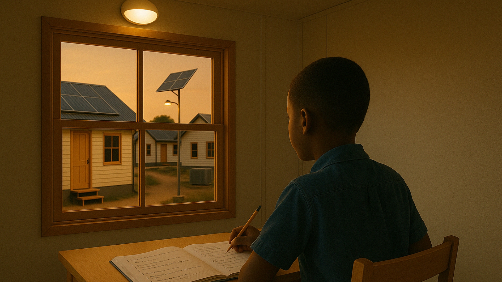 Niños usando luz solar para estudiar